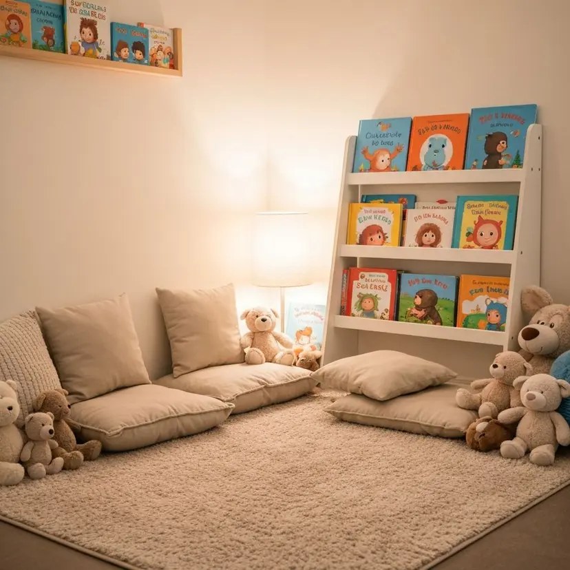 Cozy reading nook with children's books